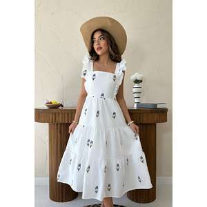 Robe trapèze sans manches bleu marine à volants et dos nu, taille naturelle, en tissu respirant, pour usage quotidien décontracté, vente en gros - Product Image 4