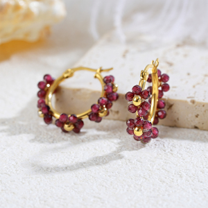 Gold Plated Hoop <b>Earrings</b> With Red Crystal Flower Design Women's Romantic Everyday Wear Jewelry - Product Image 1