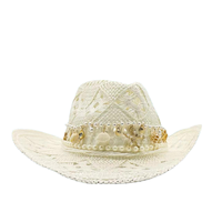 Chapeau de cowboy blanc creux imitation paille en gros |   Chapeaux de festival Panama personnalisés pour adultes, avec des motifs de coquillages, d'étoiles de mer et de soleil