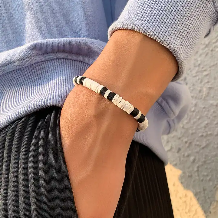 Black and Gold Polymer Stretch Beaded Bracelet
