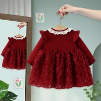 Robe à manches longues pour filles avec col en dentelle et volants, jupe florale 3D avec roses, grand nœud en satin, tenue de princesse élégante