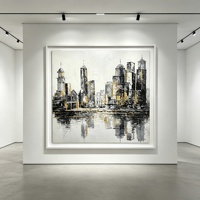 Peinture à l'huile texturée faite à la main, paysage urbain, feuille d'or, gratte-ciel noir et blanc, art mural encadré carré, décoration