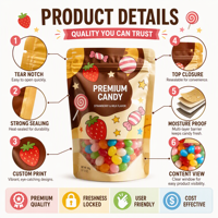 Sachet refermable à fermeture éclair pour confiserie avec trou de suspension, logo personnalisé, qualité alimentaire, sac refermable