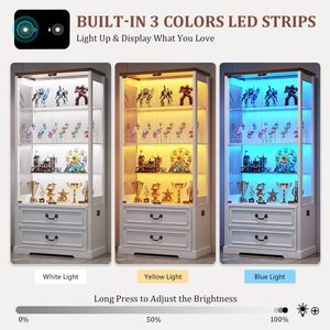 SENYU Modern Glass Display Cabinet with LED Lighting 4 Shelves 2 <b>Drawers</b> Living Room Storage Showcase Curio Cabinet - Product Image 3