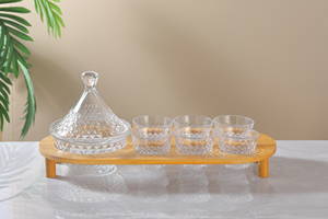 <span class=keywords><strong>Tajine</strong></span> de pot de bonbons en verre cristal à cône circulaire classique avec couvercle et 6 tasses Cawa et support en bambou - Product Image 5