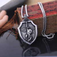 Collier pendentif unisexe en acier inoxydable plaqué argent, motif ange guerrier ailé et bouclier, serti griffe, Saint Michel Archange, chapelet