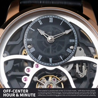 Montre mécanique squelette de luxe personnalisée OEM, boîtier en or rose, bracelet en cuir noir, cadran décalé, roue d'équilibrage, montre-bracelet pour homme