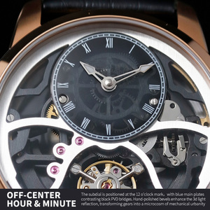 OEM Custom Luxury Mechanical Skeleton <b>Watch</b> Rose Gold <b>Case</b> Black Leather Band Off-Center Dial Balance Wheel Wristwatch for Men - Product Image 4