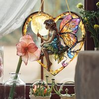 Attrape-soleil en acrylique 2D imprimé UV et gravé au laser, style vitrail fantaisie, motif cœur, elfe, fée, lune, nuit, pissenlit, pour fenêtre
