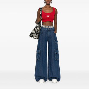 사용자 정의 로고 통기성 다크 섹시 로우 와이드 레그 여성용 청바지 포켓 캐주얼 스트리트웨어 - Product Image 1