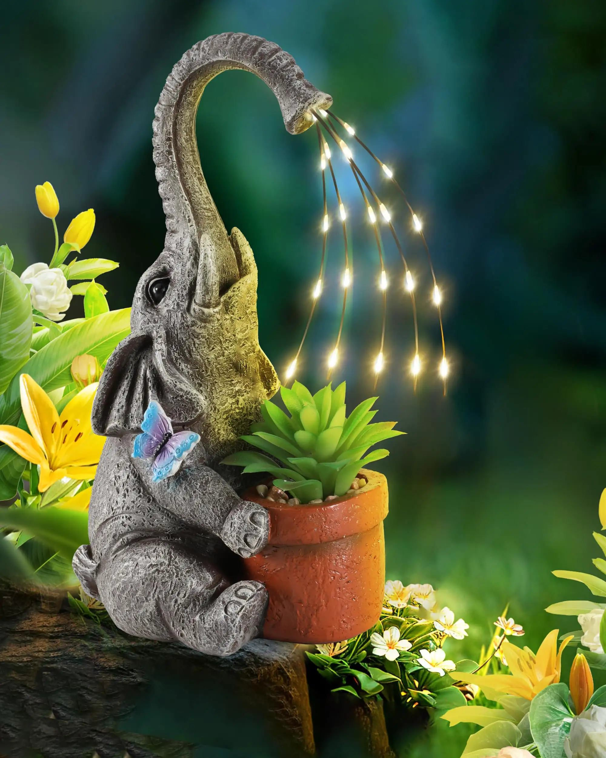 Grosir Resin dekorasi taman halaman rumput ornamen lampu surya gajah patung dengan Pot tanaman sukulen patung