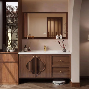 Chinese Style Bathroom <b>Vanity</b> Cabinet With Ceramic Basin Led <b>Mirror</b> 60 In Solid Wood Floor Standing Dark Finish - Product Image 3