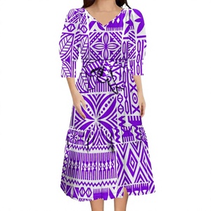 Vestidos Midi de Verano con Cuello Asimétrico para Mujer y Camisas Hawaianas a Juego para Hombre, con Estampado Tapa Samoano Azul Rey, Estilo Modesto OEM para Parejas - Product Image 4