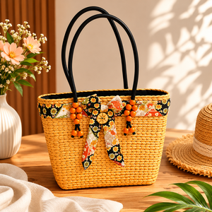 Bohemian <b>Straw</b> Tote <b>Bag</b> With Floral Embroidery And Beaded Decor 14x10in Summer Beach Handbag Open Closure Style - Product Image 2