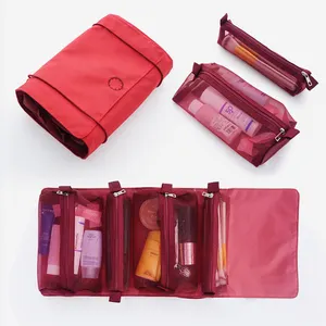 Yeni tasarım esnek Roll Up makyaj çantası 4 örgü kese ile ayrılabilir kozmetik çantaları