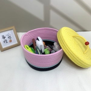 Woven <b>Storage</b> <b>Basket</b> With Lid Round Cotton <b>Rope</b> Covered Organizer For Desktop Living Room Entryway Coffee Table Cosmetics - Product Image 2