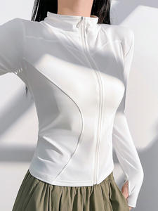 전면 로고 통기성 스탠드 업 피트니스 코트 인쇄 패턴이있는 여성용 솔리드 스판덱스 요가 탑 알몸 야외 스포츠 코트 - Product Image 2