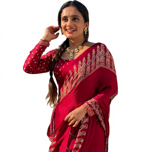 Nuevo Sari de Seda Gajji Suave y Pura, Ajrakh Bandhej, Elegante, para Mujeres Indias, Hecho en India, Sin Estampado, En Existencia - Product Image 1