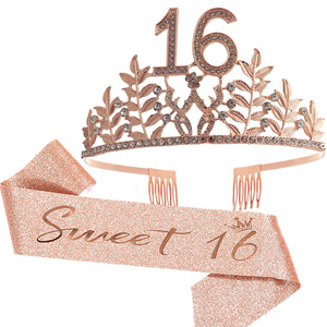 Set Corona e Fascia di Compleanno Oro Rosa con Strass e Foglie, Decorazioni per Feste per Ragazze e Donne WB075 - Product Image 3