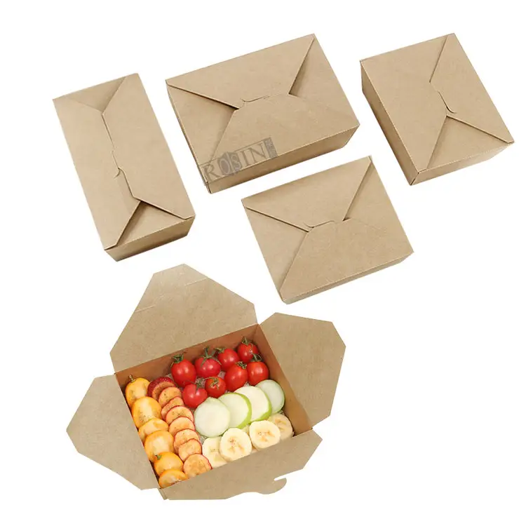 Recipiente de papel biodegradável descartável personalizado para fast food, lancheira revestida de papel Kraft, recipiente para embalagem de alimentos