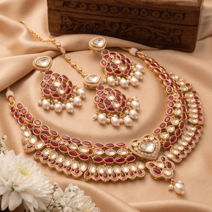 Elegant Layered Kundan Gold Plated Ruby Necklace Set With Matching Earrings For Women Traditional Bridal Wedding Jewelry Sets - Product Image 3