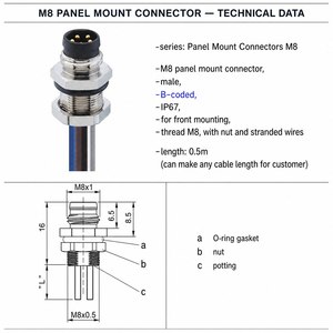 Connecteur M8 à montage sur panneau, 5 broches mâle, codage B, étanche IP67, connecteur de capteur M8, montage frontal, filetage M8, écrou M8, fils toronnés, 3A - Product Image 2
