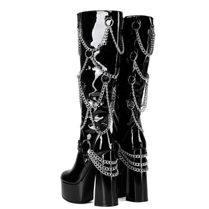 Botas Altas de Mujer con Plataforma Gruesa y Tacón Ancho, de Charol, con Cadenas Metálicas, Punta Redonda, Tallas Grandes hasta la 47 - Product Image 3