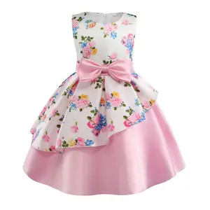 HDKBLQ068 Hot Selling Girls Wedding Bridal Ball Gown Puffy Sleeveless Kids Rose Printed Tulle Princess Fancy Party Dress