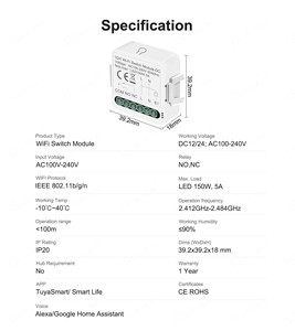 <span class=keywords><strong>Relais</strong></span> intelligent Tuya <span class=keywords><strong>WiFi</strong></span> pour la maison, DC12/24V AC100-240V, contrôle sans fil par application, automatisation domestique, interrupteur à contact sec - Product Image 6