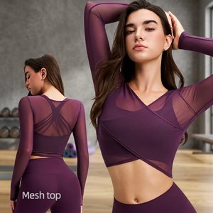 Custom <b>Women's</b> Long Sleeve Slim Yoga T-Shirt Breathable Mesh Spandex/Nylon Quick Dry Front Sports Fitness <b>Top</b> V-Neck Skinny Fit - Product Image 3