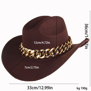 Chapeau de cowboy noir en polyester, forme dôme, avec chaîne décorative, M56-58cm, accessoire de mode, style individualiste - Product Image 4