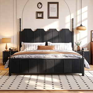 Premium <b>Black</b> Solid Wood <b>Bed</b> Frame French Vintage Wave Panel Carved Headboard Turned Post Bedroom Furniture Stable Home Wooden D - Product Image 1