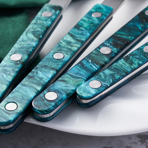 Juego de cubiertos de acero inoxidable con mango de mármol verde azulado, pulido a espejo, para el hogar, hotel, comedor occidental. - Product Image 4