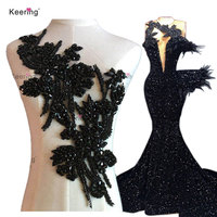 Corpiño de cristal negro azabache Popular de encaje de gama muy alta, apliques de flores 3D de diamante, 50/