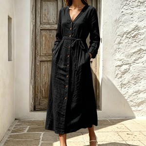 Vestido Midi de Lino para Mujer con Cuello en V y Botones al Frente, Manga 3/4 Enrollable, Cintura con Lazo, Bolsillos Laterales, Estilo Casual para Vacaciones, OEM Personalizado - Product Image 3