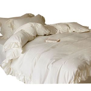 Parure de lit quatre pièces en coton lavé uni style princesse française, 60 fils, avec volants et nœuds jacquard blancs - Product Image 5