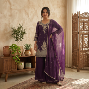 Nuevo Conjunto de Seda Romana Pesada Reversible, Elástico y Sin Arrugas, con Bordado y Lentejuelas para Boda y Diwali, Top y Pantalón con Dupatta - Product Image 1