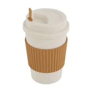 Wheat straw 400-500ml coffee cup commercial sealed plastic latte cup portable breakfast tumbler milk cup with lid