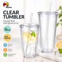 Gobelet en plastique transparent Beeman à double paroi avec couvercle à paille, 16oz 32oz, logo personnalisé, vente en gros, OEM, tasse réutilisable
