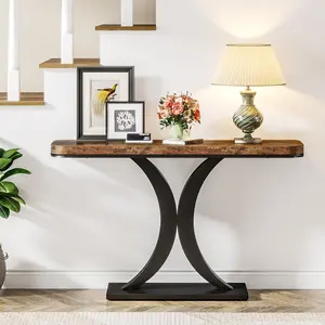 Tribesigns Modern Industrial Vintage Wooden Small Narrow Console Table with Geometric Base for Entryway Hallway