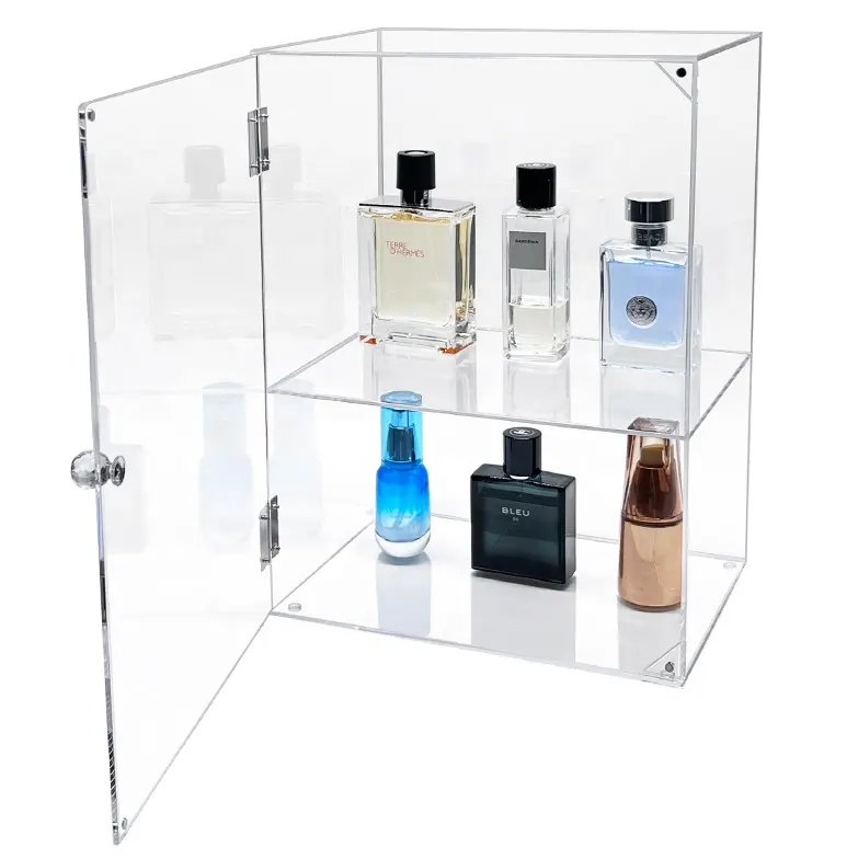 Clear 2 Tier Plastic Makeup Perfume Organizer Cosmetic Storage Desk Acrylic Organizer Box with Magnetic Door