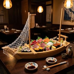 Bandeja de Madera de Pino Resistente para Servir <span class=keywords><strong>Sushi</strong></span>, Gran Capacidad, Bandeja Japonesa para Servir Comida en Restaurantes, Venta al por Mayor, Logotipo Personalizado - Product Image 5