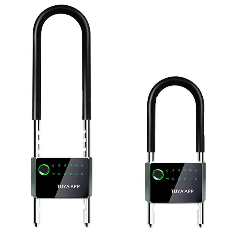 waterproof IP65 CE smart u-shape fingerprint cable heavy duty bicycle bike lock glass door locks padlock tuya app control