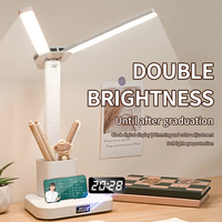 Lampe de bureau moderne à deux têtes avec horloge LED, batterie rechargeable ABS 1200 mA, porte-stylo, lampe de lecture à intensité variable