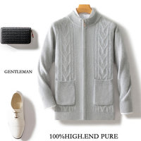 Cardigan Homme Automne Hiver 100% Pure Laine Col Semi-Montant, Veste Pull Zippée Coupe Ample et Ajustée, Vente en Gros Usine OEM ODM