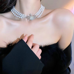 Collana di Perle Saturno Moda 2025 con Pianeta di Strass e Cristalli, Girocollo con Perle Bianche da Donna, Idea Regalo - Product Image 3