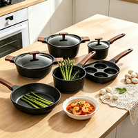 Ensemble de casseroles et poêles en aluminium granité antiadhésif avec poignées en bois, compatible induction, plusieurs tailles