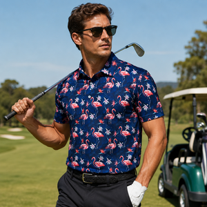 Men's <b>Flamingo</b> Print Polo <b>Shirt</b> 88% Polyester 12% Spandex Tropical Hawaiian Golf <b>Shirt</b> Quick Dry Casual Summer Apparel - Product Image 1