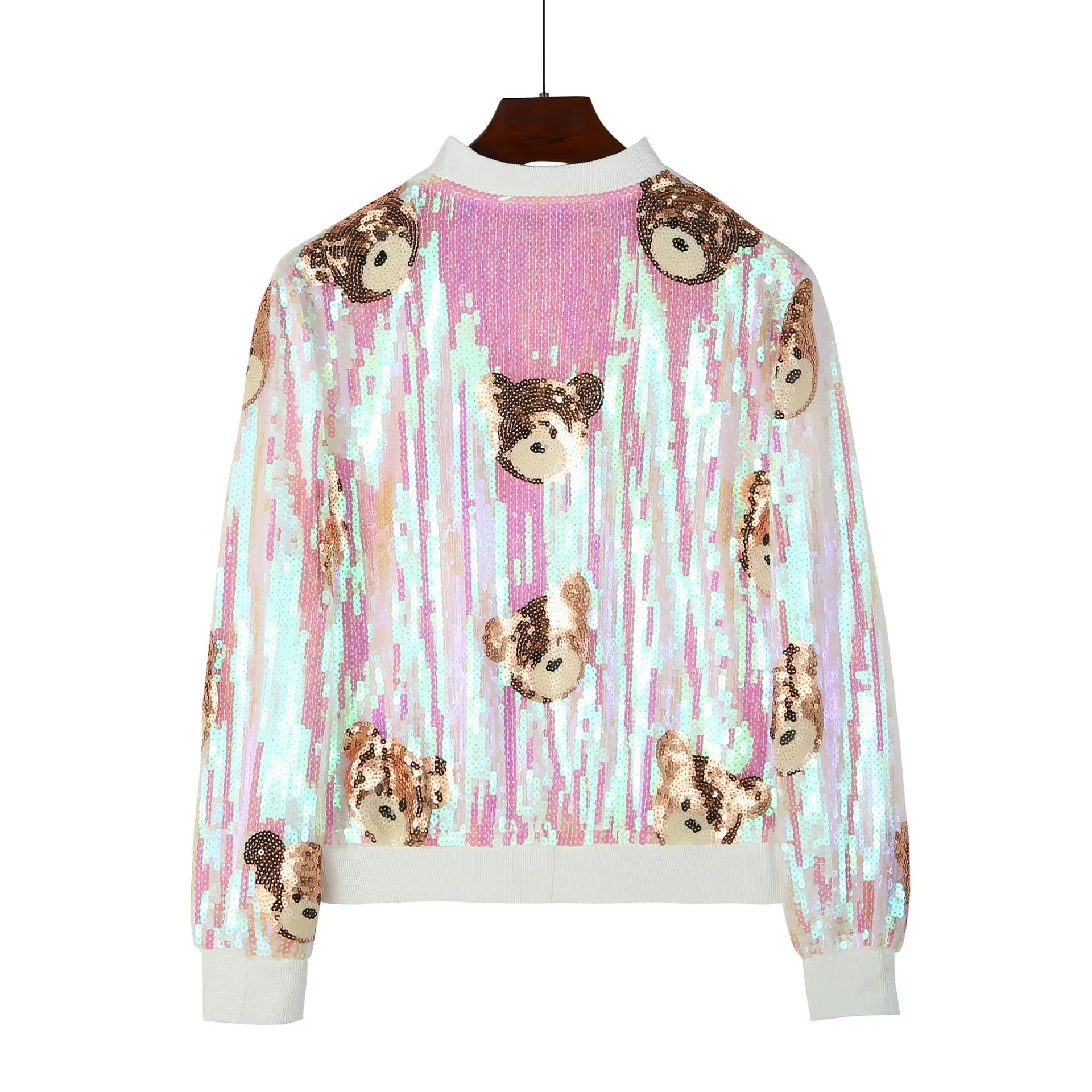 Loveda nuovo arrivo cappotto da Baseball alla moda da donna con paillettes aderenti giacca Bomber con cerniera a maniche lunghe con orso