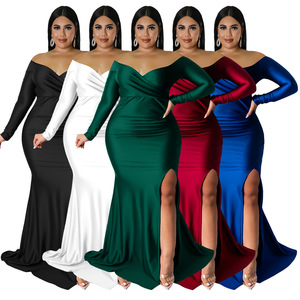 N7749 Abito Sexy da Donna Taglie Forti, Vestito da Club con Scollo a V, Formale, Tinta Unita, con <span class=keywords><strong>Spacco</strong></span> Lungo per Autunno e Inverno - Product Image 1